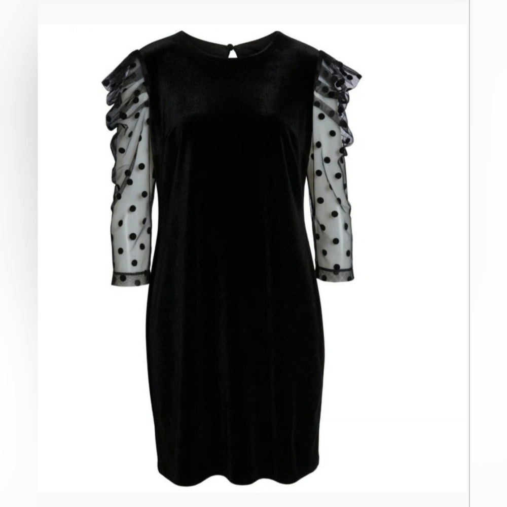 Julia Jordan Black Velvet Swiss Dot Puff-Sleeve Shift Cocktail Dress
